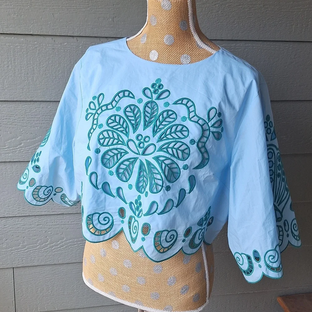 Farm Rio Richelieu Light Blue And Green Cropped Scalloped Hem Top Size XL Cotton - Picture 6 of 15